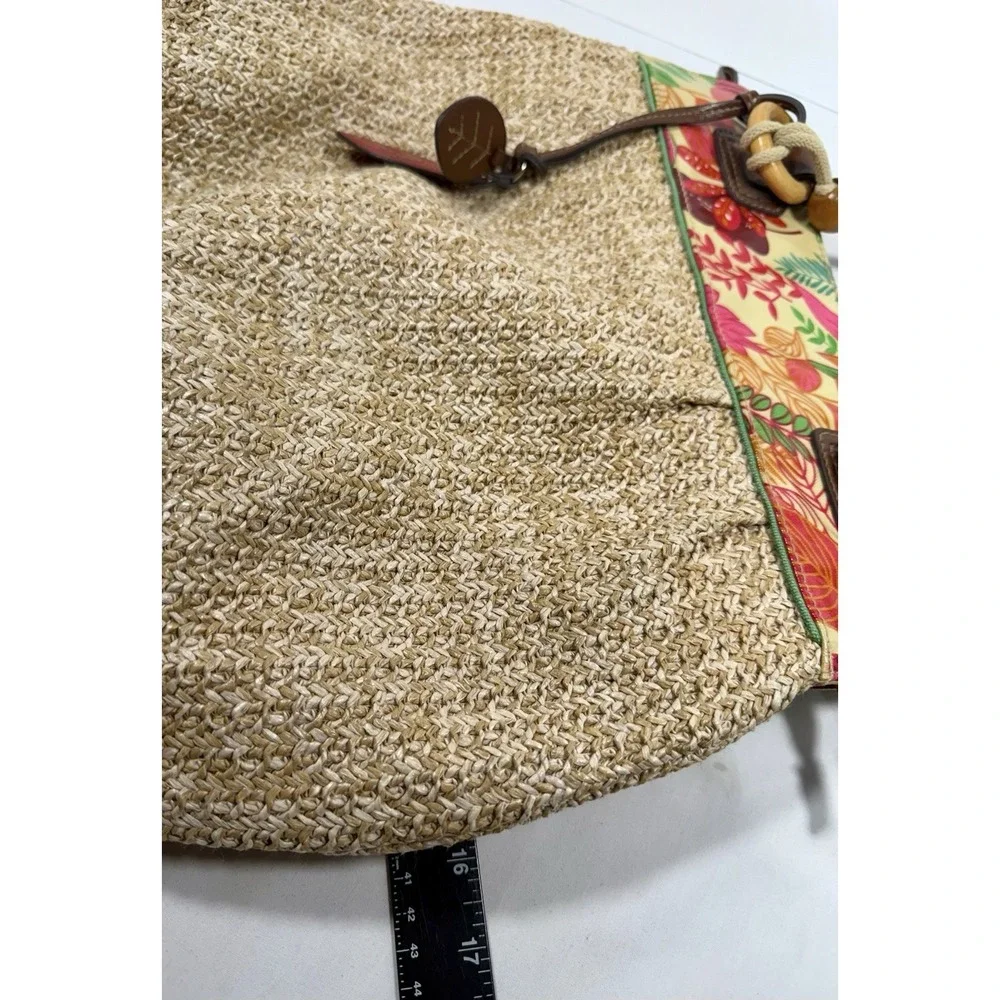Merona Tropical Floral Straw Shoulder‎ Bag Brown Handles Leaf Charms 13x16 EUC